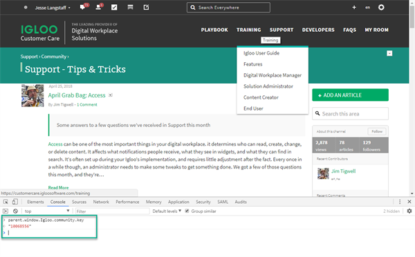 Using the browser console to find your community key.